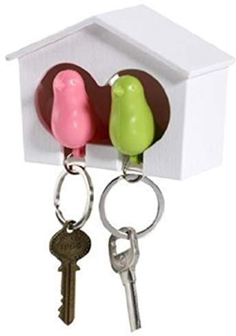 Holibanna Weiß Vogelhaus mit 2 Pfeife Schlüsselanhänger Rosa Grün Sparrow Schlüssel Ring Halter