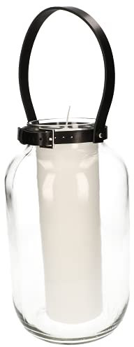 ABRATO Vela en vaso de cristal, 80 x 250 mm, con mango de piel, farol decorativo completo (negro)