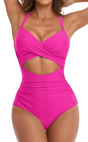 Eomenie Costume Intero da Donna con Scollo a V Profondo e Volant Monokini Costume da Bagno Imbottito, Rosa Acceso, XL