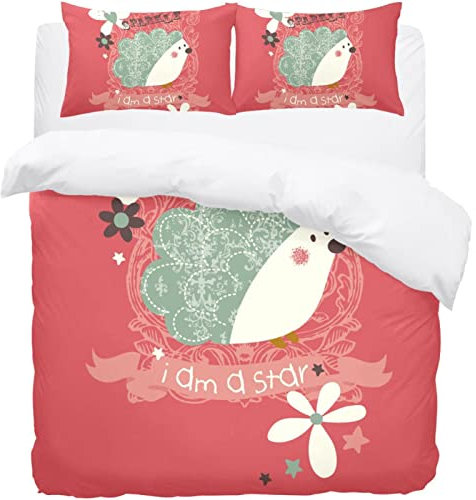 Bettwäsche-Set mit niedlichem Igel-Motiv, Blumenmuster, weicher Bettbezug mit 2 Kissenbezügen und 1 Bettwäsche-Set
