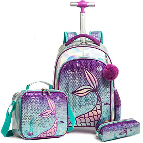 Egchescebo Zaino Trolley Scuola Elementare Sirena di Perline Bambina Ruote Regoli da Viaggio Carrello Porta per La Bimba Ragazza Seven Media Asilo Bambino Superiori Ragazza Rotelle 17 3pcs Viola