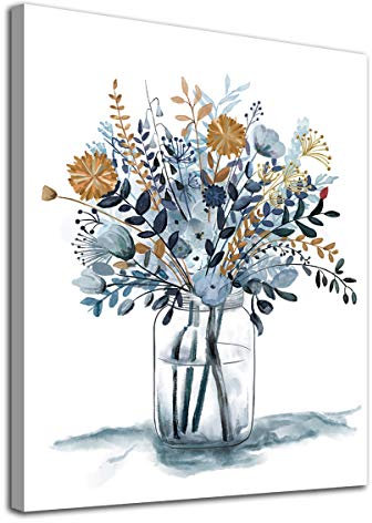 Blumen Wand Kunst Aquarell Marine Floral Bilder Wanddekoration Blume im Glas Leinwand Gemälde Blau Botanische Pflanzen Leinwanddrucke Kunstwerk für Haus Büro Wanddekoration 30X40CM