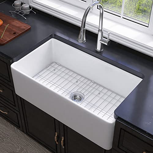 Miuara Farmhouse Sink - 33 Inch Fireclay White Farmhouse Sink Large & Deep Apron Front Kitchen Sink Single Bowl Undermount Farm Sink 33x18x10 with Custom Bottom Grid & Kitchen Sink Strainer