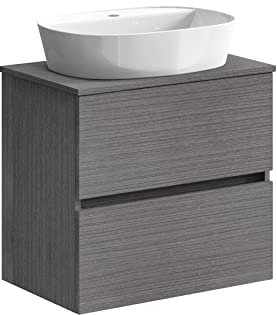 Baikal Baño Onyx, 2 cajones, suspendido en Pared, con Lavabo cerámico. Mueble Montado, Melamina 16,Mueble F39 + Top + Lavabo 60 cm Ceniza