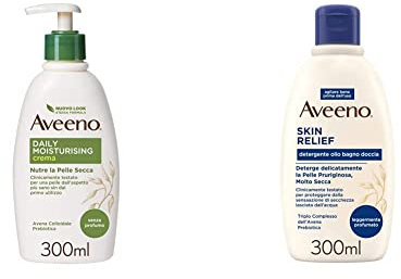 Aveeno Crema Corpo Idratante, Daily Moisturising, Senza Profumo, per Pelli Normali e Pelli Secche, 300 ml & Detergente Olio Bagno e Doccia Lenitivo, Bagnoschiuma, Skin Relief
