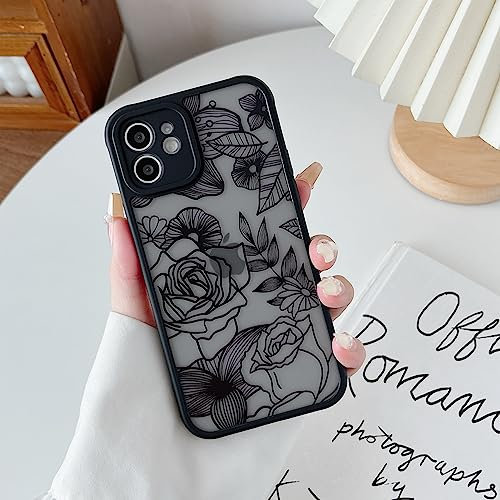 XIZYO Case for iPhone 12 6.1 Inch, Cute Frosted Translucent Rose Floral Flower Pattern Shockproof Cover, for Girls Women Luxury Soft TPU Protective Phone Case, Black
