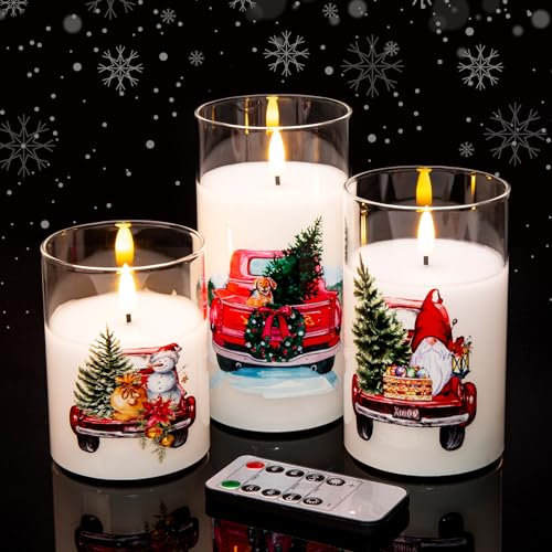 Eywamage Red Truck Glass Flameless Candles with Remote, Flickering LED Pillar Candles, Battery Operated Christmas Candles