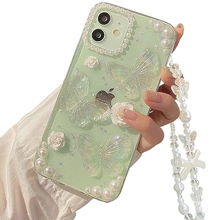Faneiy for iPhone 11 Case with Phone Charm Chain 3D Butterfly Flower Cute Phone Case,Crystal Clear Pearl Case for iPhone 11 Women Girl