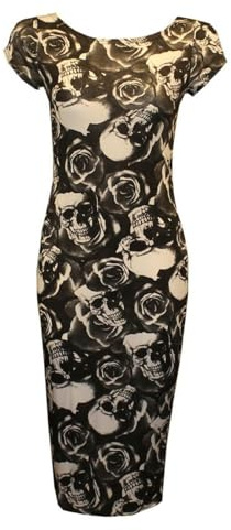 Robe midi moulante à manches américaines pour femmes dames, col rond, stretch, coupe crayon, tenue de soirée, robe longue, Tête de mort rose., 40-42