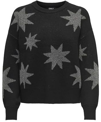 ONLY ONLROSIE LS O-Neck KNT Pull-Over, Black/Pattern:Dull Silver Glitter, M Femme