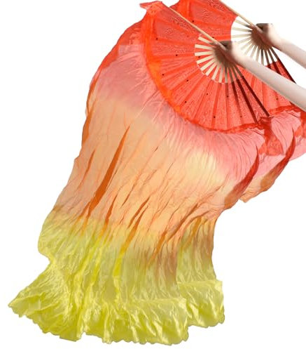 Redvigh 1 Pair Silk Belly Dance Fan, 1.5 Meters Belly Dance Silk Veil Fans Artificial Long Folding Silk Fans for Dancer Art Show Party (Left+Right)