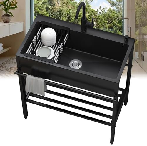 Lavello da Cucina 1 Vasca in Acciaio Inox,Lavandino da Esterno Professionale,Lavabo Commerciale Autoportante con Rubinetto,Lavatoio Nero Multifunzione,per Interno Ristorante Caffè Garage (Size : 80x4
