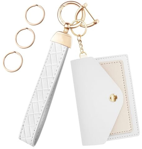 HecticCore Schlüsselanhänger Damen, Mini Geldbörse Schlüsselanhänger mit Kartenhalter, Auto Schlüsselanhänger Leder,Kreditkartenhalter Schlüsselring Wristlet Anhänger für Frauen (Weiß)