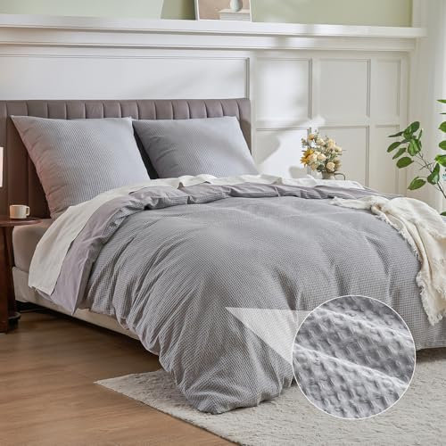 Simple&Opulence Bettwäsche 220x240 Baumwolle 3 Teilig,Waffelmuster Sommer Bettwäsche-Sets mit 80x80 cm Kissenbezug,ÖkoTex Zertifiziert Bettbezug Set,Hellgrau