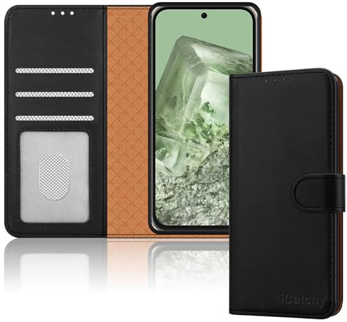 iCatchy for Google Pixel 8A Case Leather Wallet Flip Book Shockproof Cover with Kickstand Magnetic Closure [RFID Blocking] Compatible with Pixel 8a (Black)