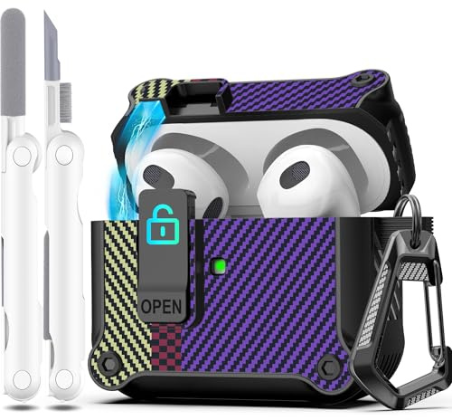 R-fun Kompatibel mit AirPods 3 Generation hülle Case Cover 2021, automatisches Pop-Up-Deckel-Design für Apple Airpod 3 Gen Hülle mit Reinigungsset und Schlüsselanhänger, Kohlefaser-Lila