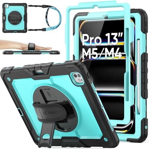SEYMAC stock Coque pour iPad Pro 13 Pouces M5-M4 2025-2024, Coque Antichoc avec Protecteur D'écran, Support Rotatif à 360°/Dragonne, Porte-Stylet et Bandoulière, Bleu Ciel