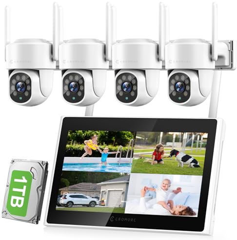 Cromorc Kabelloses Sicherheitskamerasystem mit 10,1 Zoll Monitor, AI-Menschenerkennung, Flutlicht, Sirenenalarm, 2-Wege-Audio, 4 Stück 5 MP PTZ-Kamera, erweiterbarer 10-Kanal-NVR,