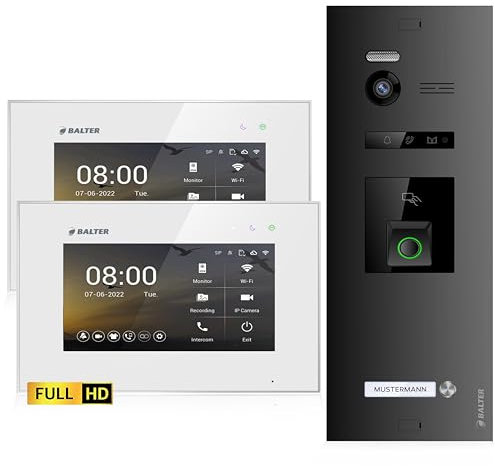Balter EVO-HD Video Türsprechanlage mit Fingerprint, Video Türklingel, Smartphone App,1 Familienhaus, 2X 7 Zoll Monitore, Türklingel mit Kamera Full HD, 2 Draht Bus, 175° Weitwinkel, RFID,1080P