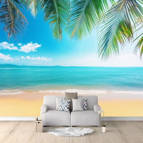 Papier Peint Intissé Sable De Palmier De Plage Tropicale 3D Mural Fond D'Écran Tapisserie Murales Panoramique 3D Mur De Fond Tv Papier Peint Chambre Enfant Adulte Poster Murales 200x140 cm