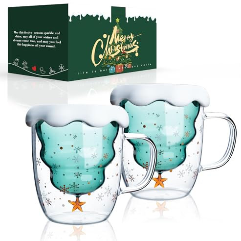 LIBWYS 2x300ml Double Walled Christmas Tree Glass Mug Set, Cappuccino Latte Tea Cups with Snowflake Lid, Heat Resistant Coffee, Milk, Juice, Tea Mugs for Women, Birthday Christmas Gifts
