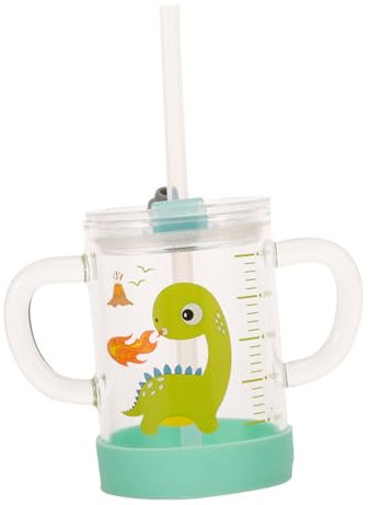 Hoement Glass Milk Cup for Boys and Girls with Straw Lid Toddler Water Bottle Microwave Safe 300ml