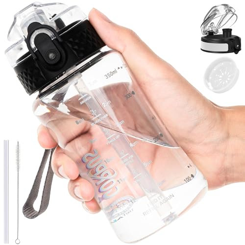 GOPPUS Bouteille d'eau de 350 ml avec Paille en Tritan, Sangle Amovible et Couvercle à Rabat Anti-Fuite - Marquage de Temps et Design Anti-Déversement