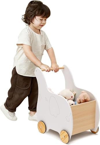 GOPLUS Chariot de Marche Bebe, 2 en 1 Trotteur Bébé Garçon Fille avec Coffre à Jouets, Trotteur à Pousser Enfant 1+ Ans Forme d'Éléphant