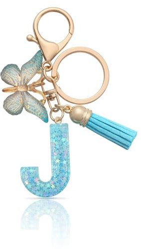 MORSUNBELA porte clef avec lettre J initiale porte clé femme porte clef personnalisable, papillon pendentif, cadeau pour femme - bleu