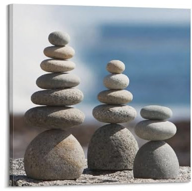 Poster mural décoratif sur toile avec pierres zen - Yoga méditation - Tour de galets - 70 x 70 cm