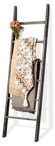 Blanket Ladder for The Living Room 6-Tier, Wooden Decorative Quilt Holder for Bed Room, Wall-Leaning Towel Rack for Bathroom，Rustic Farmhouse Ladders for Display.(Black Wash)