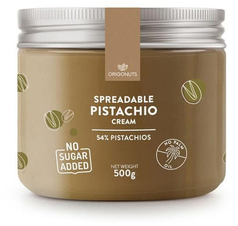 ORIGONUTS - Crema de pistacho - Pasta de pistacho - 54% pistachos, endulzada con maltitol, sin azúcar y sin aceite de palma - Para pasteles, postres, untar, helados, chocolate Dubai - 500g