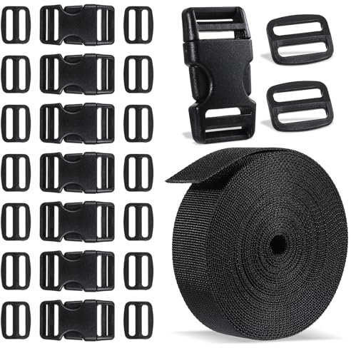 Vin Beauty Nylon Heavy Webbing Straps 5M x 25mm Black Backpack Chest Strap 8 Sets Flat Side Release Buckles and Tri-Glide Slides Clip Wide Nylon Webbing for DIY Bags Backpack Cargo Strapping