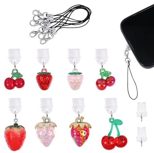WEWAYSMILE 8 Stück Typ C Staubstöpsel Anhänger Anschlusskappen Schutzzubehör Staubstöpsel Schlüsselanhänger Zur Dekoration des Handys（Harz Erdbeere Kirsche）