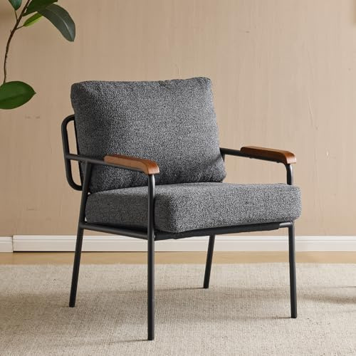 VINGLI Mid-Century Modern Accent Armchiar for Small Space, Small Comfy Upholstered Leisure Reading Chair with Wood Armrest for Bedroom, Living Room, Waiting Room, Linen Grey