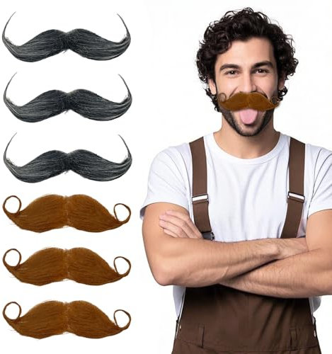 TUONYIS 6 Stück Schnurrbart Zum Ankleben, Schnurrbart Selbstklebend, Schnauzer Zum Ankleben, Fake Bart Bärte Zum Ankleben Klebe Schnurrbart Halloween Karneval Christmas Party (Schwarz,Braun)