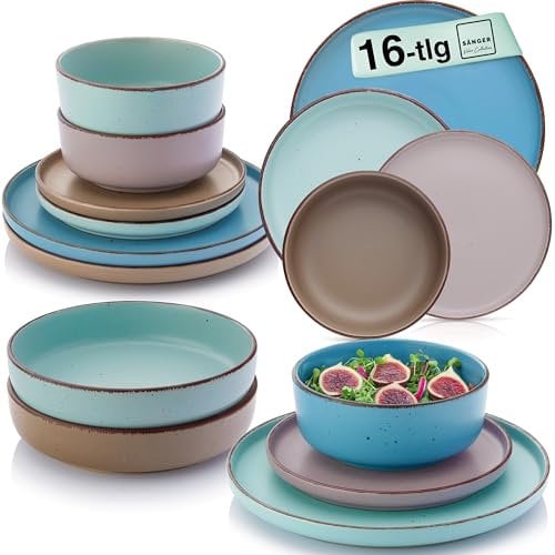 SÄNGER Bombay Meeresboden | Geschirrset 16 teilig, Steingut Geschirr 4 Personen, 4x Speiseteller 4x Dessertteller 4x Schalen 4x Pastateller, Teller Set bunt | VALUE COLLECTION