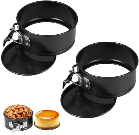 AONAYO Juego de 2 moldes pequeños para tartas, 11 cm, molde pequeño para hornear, bandeja de horno pequeña, acero al carbono, base antiadherente, color negro con fondo plano, mini molde adecuado para