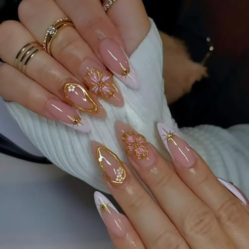 SXVME White French Tip Press on Nails with 3D Gold Flowers Stars Medium Almond Designed False Nails Cute French Press ons Acrylic Nails for Women Daily Wear 24 Pcs