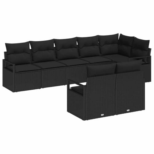 vidaXL 8-teiliges Garten-Sofa-Set mit Kissen aus schwarzem Rattan, modulares Outdoor-Sofa, rechteckige Lounge-Anordnung für Terrasse und Patios