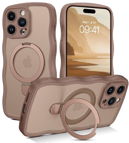 GaoBao for iPhone 15 Pro Max Case with Ring Stand,[Compatible with Magsafe] Curly Wave Frame Phone Case Translucent Matte TPU Bumper Shockproof Protective Cover for iPhone 15 Pro Max,Desert Titanium
