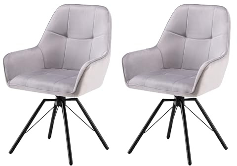 Garvis 2er Set Samt Esszimmerstuhl Drehbar mit Armlehne Drehbar gepolsterte Sitzfläche Metall Beine für Küche Esszimmer Schlafzimmer (Grau)