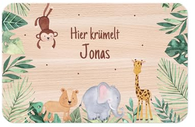 wunderwunsch Frühstücksbrettchen, Personalisierte Brettchen für Kinder | Individuelles Holzbrett personalisiert mit Namen, Spruch Lasur hier krümelt, Kleines Geschenk Taufe, Junge, Hase, Dino