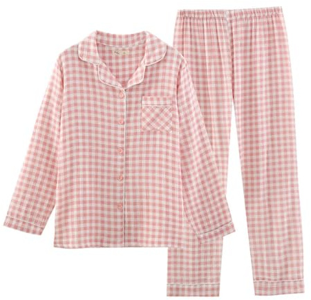 Celanisai Ensemble pyjama pour femme à carreaux avec boutonnière - 2 pièces - Manches longues - Boutonnière - Chemise et pantalon de pyjama en mousseline - Doux et confortable - Coupe ample