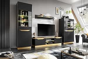 EURO-MOEBEL Wohnwand Wohnzimmerset Wohnzimmer Wand Regal TV Wand Glas Vitrinenschrank Lowboard Wandregal (Fame - Schwarz/Gold)