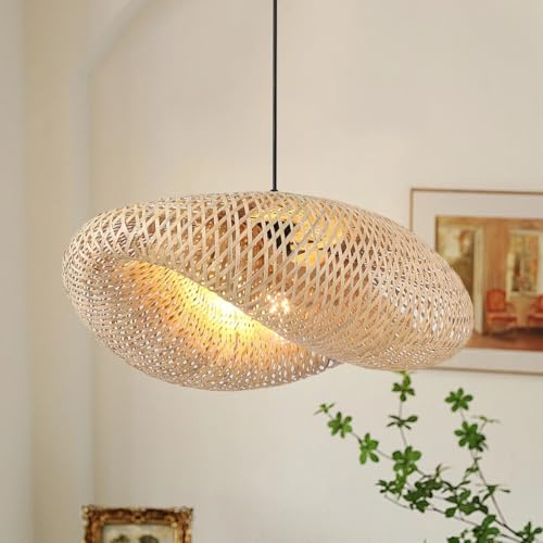 COOINJOY Handgefertigte Rattan Pendelleuchte, Rustikaler Innenbereich Kronleuchter, Bambus Gewebte Hängeleuchte, 60cm, Höhenverstellbar, für Bauernhaus Restaurant Landhaus 60CM (ohne Glühbirne)