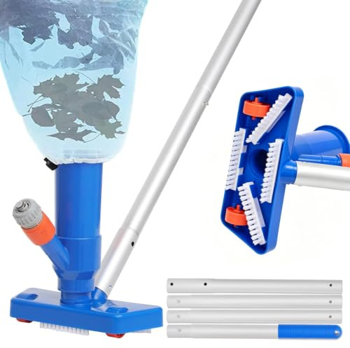 142cm Nettoyeur de Piscine - 4 Tiges Amovibles en Aluminium, Tête D'aspiration pour L'étang avec Sac à Feuilles pour Le Nettoyage par Aspiration du Fond de la Piscine Mini Nettoyeur pour Spa/Fontaine