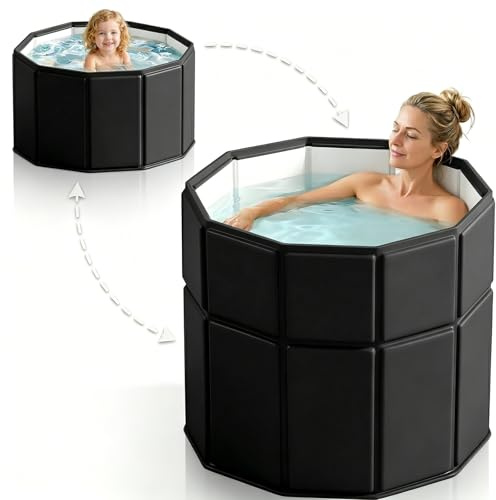 Baignoire Pliable Adulte 80x70 cm Noire - Accès Facile pour Seniors & Enfants, Bain de Glace & Spa Chaud, Convient à la Douche, Gain de Place, Structure Stable, Maison et Extérieur