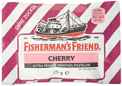 Fisherman's Friend Cherry ohne Zucker | Karton mit 24 Beuteln | Kirsche und Menthol Geschmack