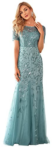 Ever-Pretty Women's Elagant Short Sleeve Long Mermaid Sequin Tulle Prom Evening Dresses Dusty Blue 8UK